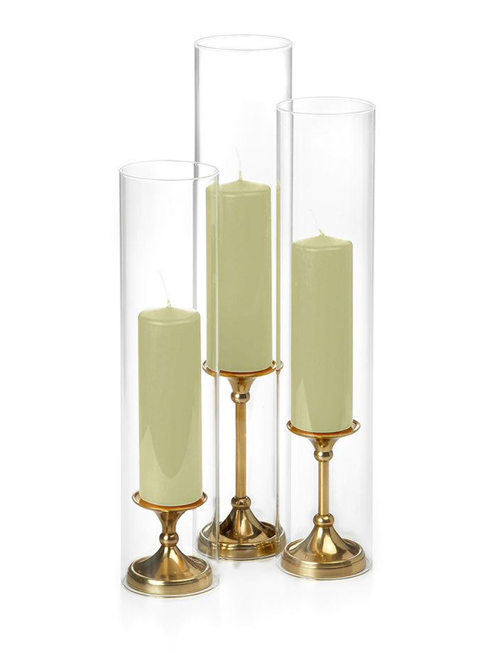 12 Slim Pillar Candles, 12 Glass Chimneys and 12 Gold Timeless Pillar Holders