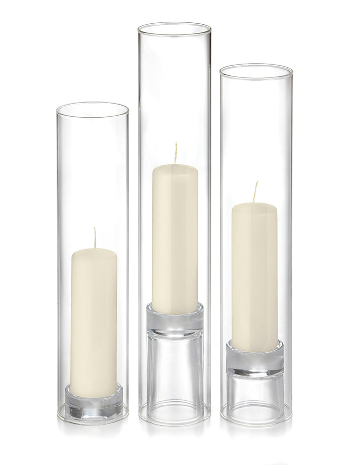 12 Slim Pillar Candles, 12 Glass Chimneys and 12 Glass Pillar Holders