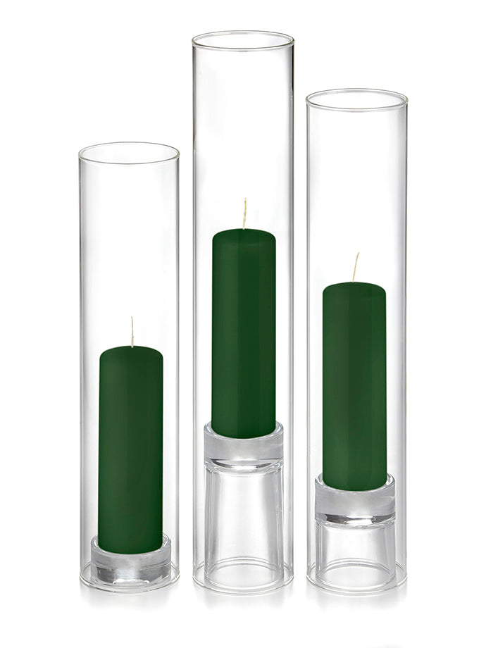 12 Slim Pillar Candles, 12 Glass Chimneys and 12 Glass Pillar Holders