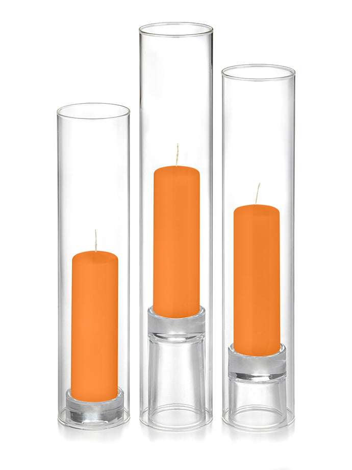 12 Slim Pillar Candles, 12 Glass Chimneys and 12 Glass Pillar Holders