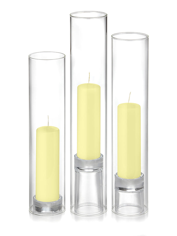 12 Slim Pillar Candles, 12 Glass Chimneys and 12 Glass Pillar Holders