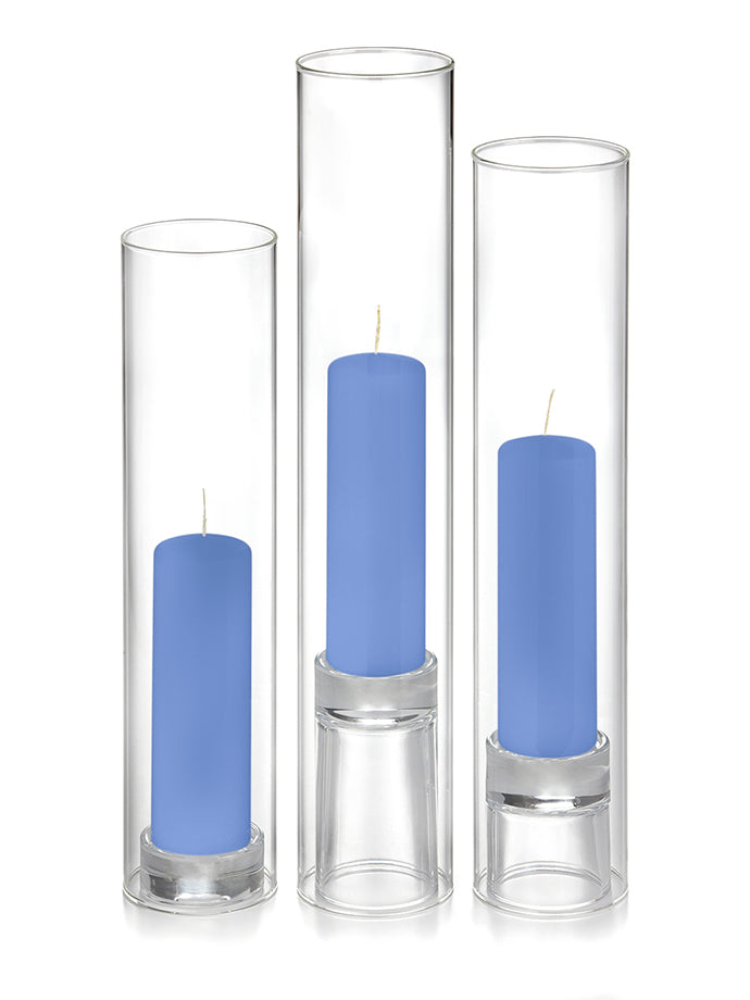 12 Slim Pillar Candles, 12 Glass Chimneys and 12 Glass Pillar Holders