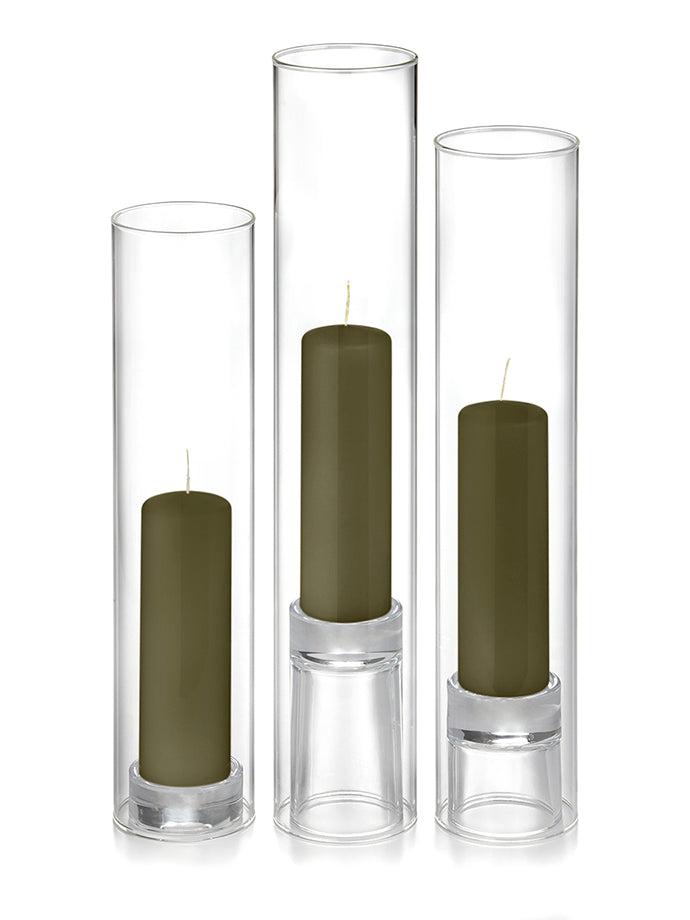 12 Slim Pillar Candles, 12 Glass Chimneys and 12 Glass Pillar Holders