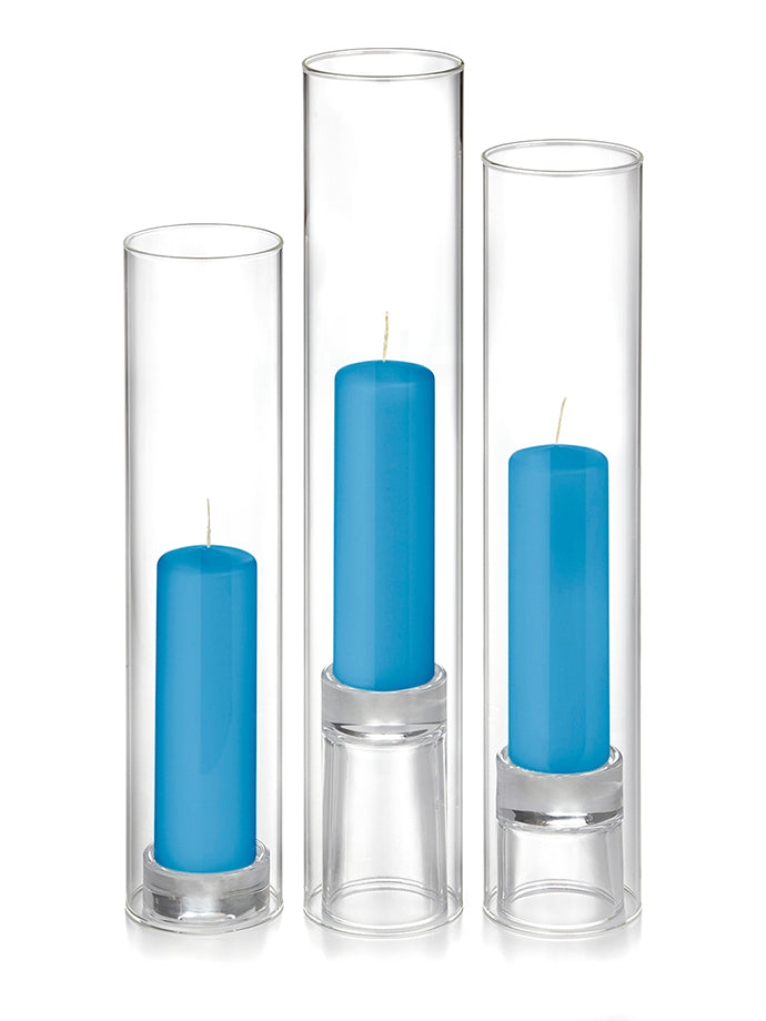 12 Slim Pillar Candles, 12 Glass Chimneys and 12 Glass Pillar Holders