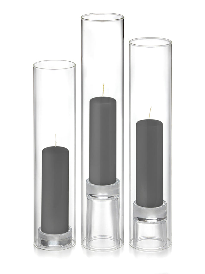 12 Slim Pillar Candles, 12 Glass Chimneys and 12 Glass Pillar Holders