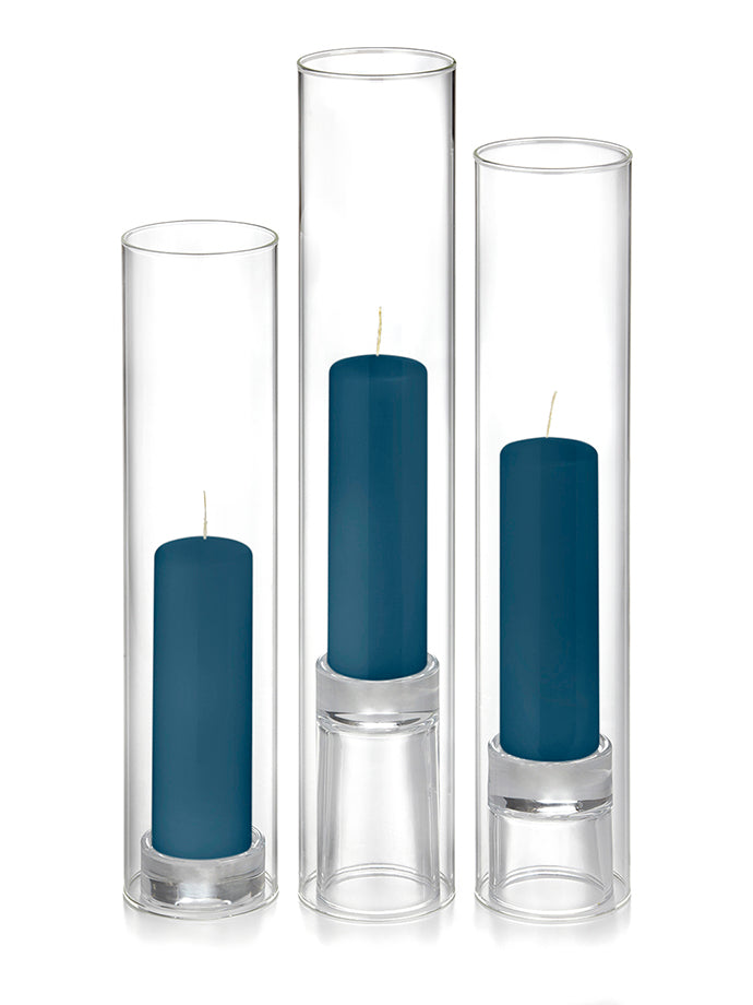 12 Slim Pillar Candles, 12 Glass Chimneys and 12 Glass Pillar Holders