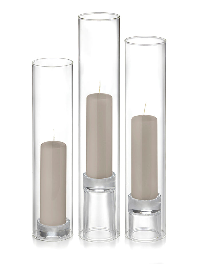 12 Slim Pillar Candles, 12 Glass Chimneys and 12 Glass Pillar Holders