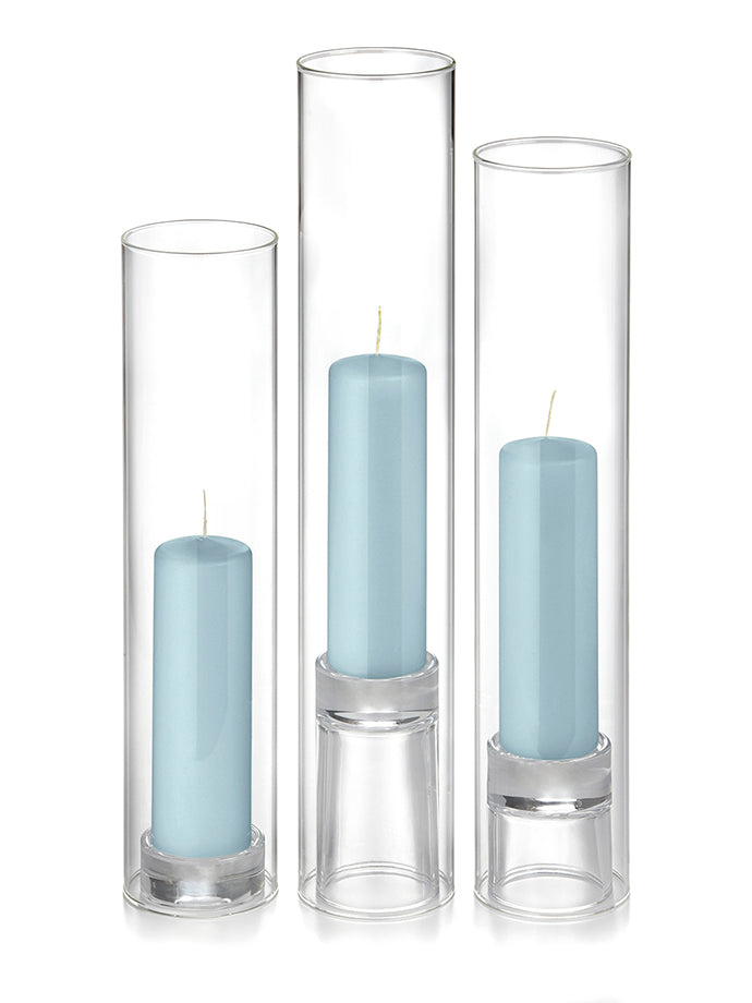 12 Slim Pillar Candles, 12 Glass Chimneys and 12 Glass Pillar Holders