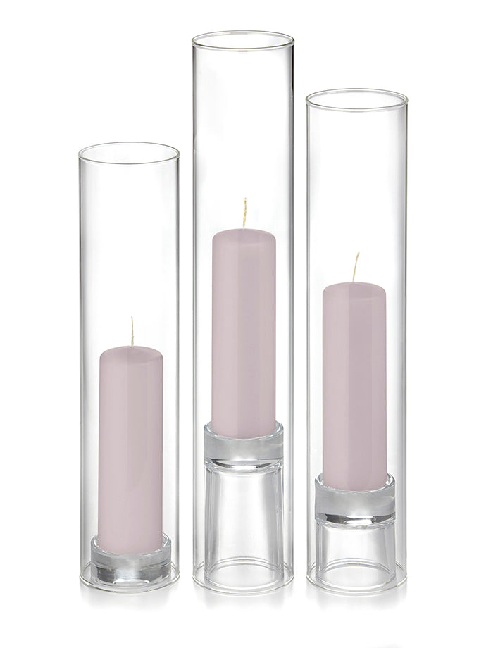 12 Slim Pillar Candles, 12 Glass Chimneys and 12 Glass Pillar Holders