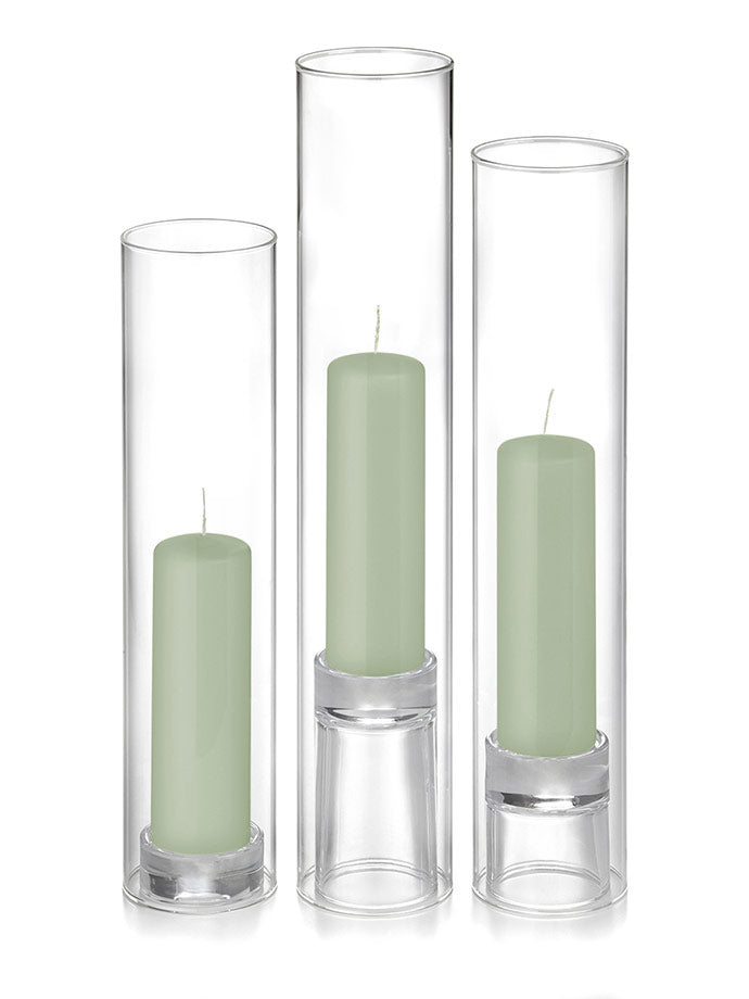 12 Slim Pillar Candles, 12 Glass Chimneys and 12 Glass Pillar Holders