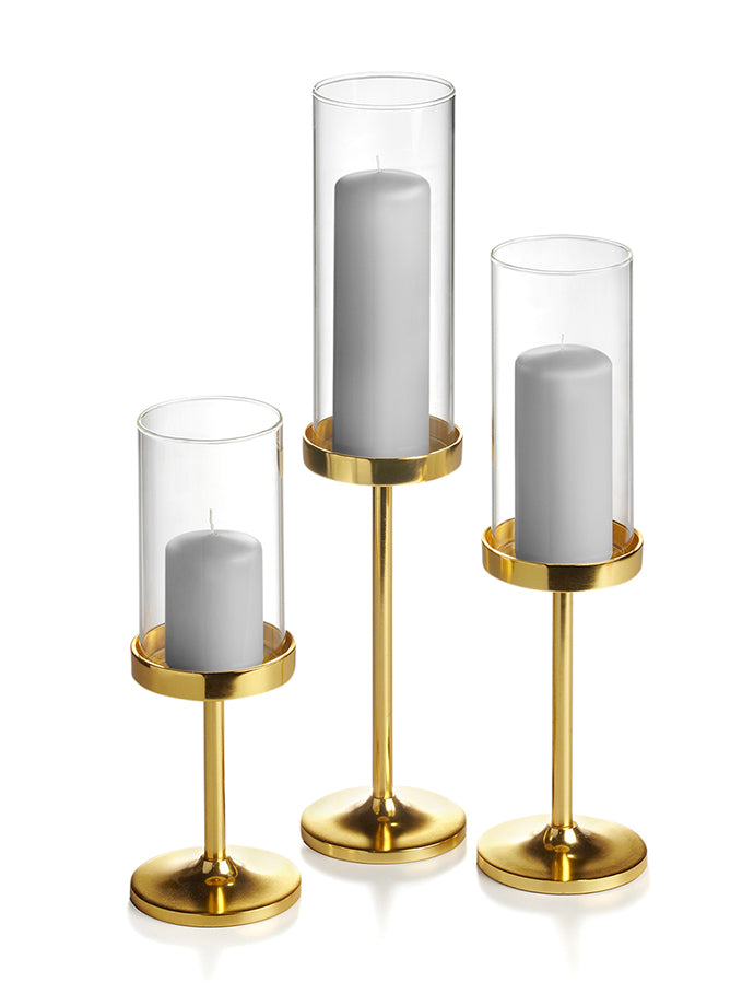 12 Slim Pillar Candles, 12 Cylinder Vases and 12 Gold Vevo Pedestals