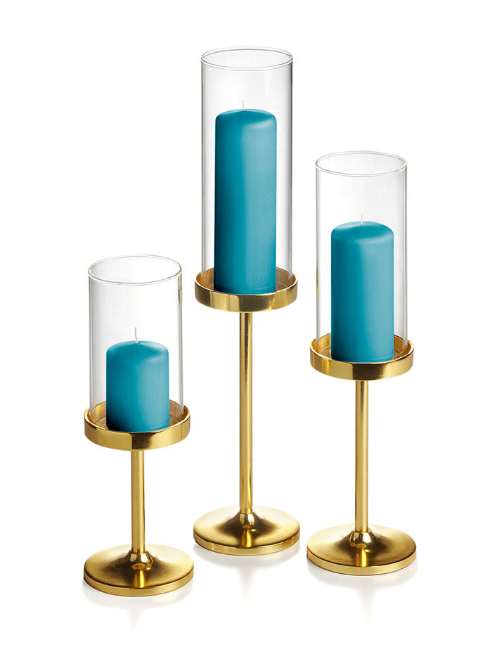 12 Slim Pillar Candles, 12 Cylinder Vases and 12 Gold Vevo Pedestals