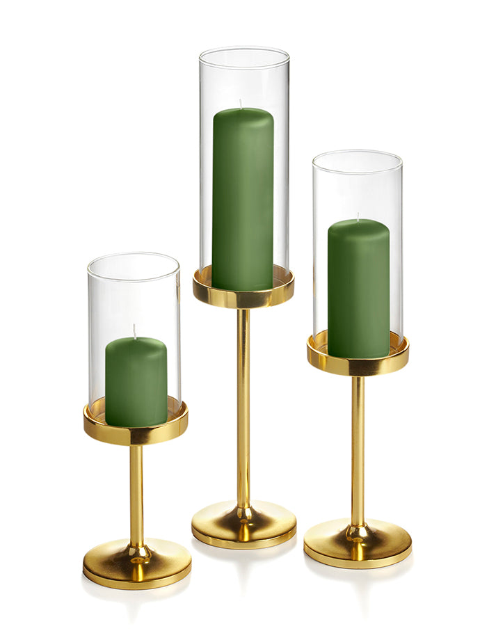 12 Slim Pillar Candles, 12 Cylinder Vases and 12 Gold Vevo Pedestals