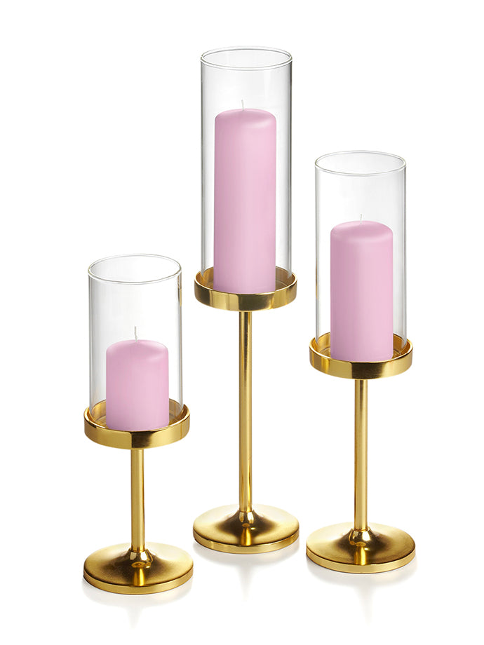 12 Slim Pillar Candles, 12 Cylinder Vases and 12 Gold Vevo Pedestals