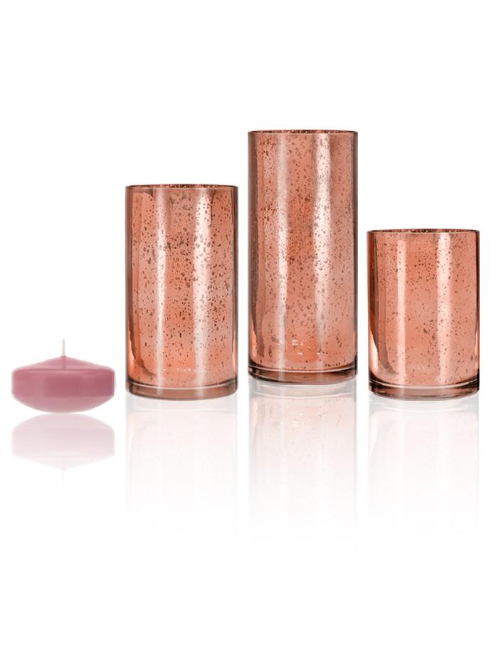 18 Floating Candles and Rose Gold Metallic Cylinders