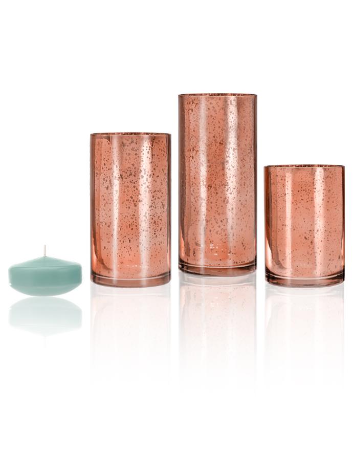 3" Floating Candles and Rose Gold Metallic Cylinders Tiffany Blue