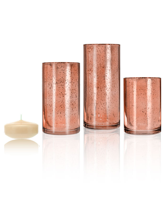 18 Floating Candles and Rose Gold Metallic Cylinders