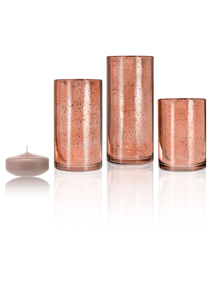 18 Floating Candles and Rose Gold Metallic Cylinders